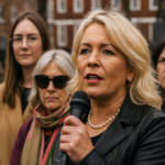 Woman speaking into a microphone during a public demonstration, surrounded by other women in coats.