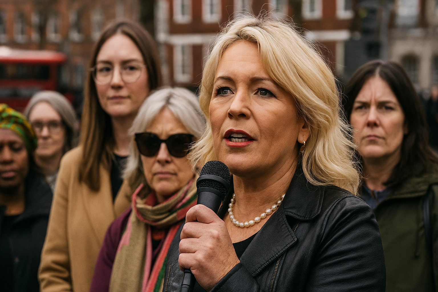 Woman speaking into a microphone during a public demonstration, surrounded by other women in coats.