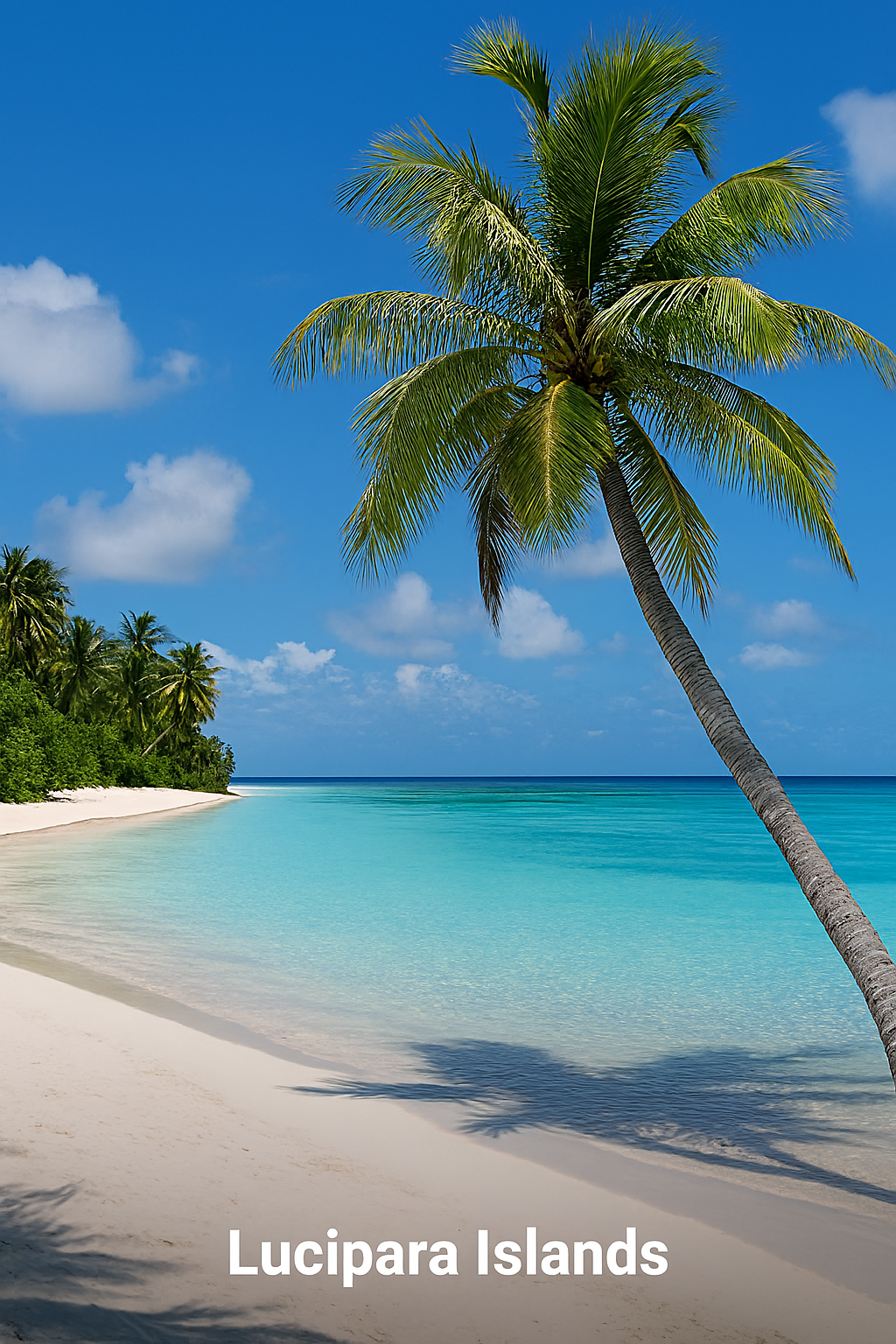 Tropical beach on Lucipara Islands with palm trees, turquoise water, and white sand under blue sky