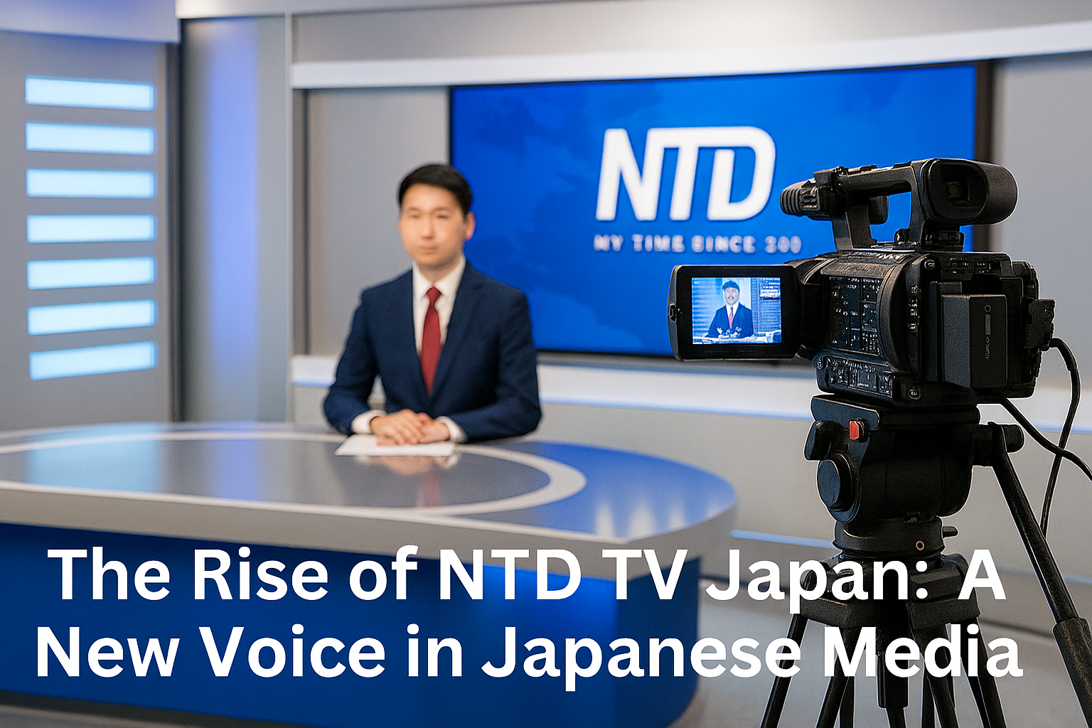 Professional newsroom of NTDTVJP with anchor and camera, symbolizing a new voice in Japanese media