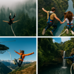 Four-image collage of bungee jumps: foggy forest bridge, tandem canyon leap, helicopter mountain dive, and tropical waterfall plunge.