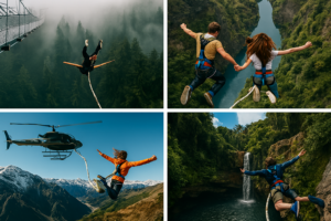 Four-image collage of bungee jumps: foggy forest bridge, tandem canyon leap, helicopter mountain dive, and tropical waterfall plunge.