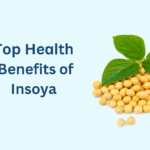 Soybeans and green leaves on a light blue background with the title ‘Top Health Benefits of Insoya’ in bold navy text.