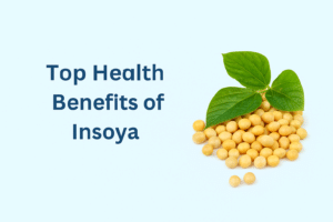 Soybeans and green leaves on a light blue background with the title ‘Top Health Benefits of Insoya’ in bold navy text.
