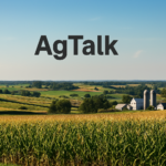Expansive farm landscape with cornfields, rolling hills, and a traditional farmhouse under a clear blue sky