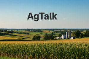 Expansive farm landscape with cornfields, rolling hills, and a traditional farmhouse under a clear blue sky