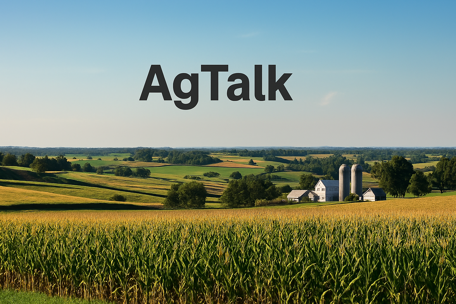 Expansive farm landscape with cornfields, rolling hills, and a traditional farmhouse under a clear blue sky