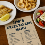 Greek seafood and salad dishes served at Jim’s Greek Tavern, including John Dory, calamari, Greek salad, and printed menu on a rustic wooden table.”