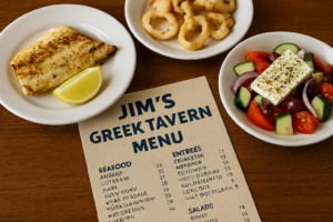 Greek seafood and salad dishes served at Jim’s Greek Tavern, including John Dory, calamari, Greek salad, and printed menu on a rustic wooden table.”