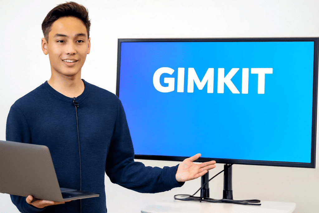Teen male hosting a Gimkit live quiz session in a modern classroom with game code on screen