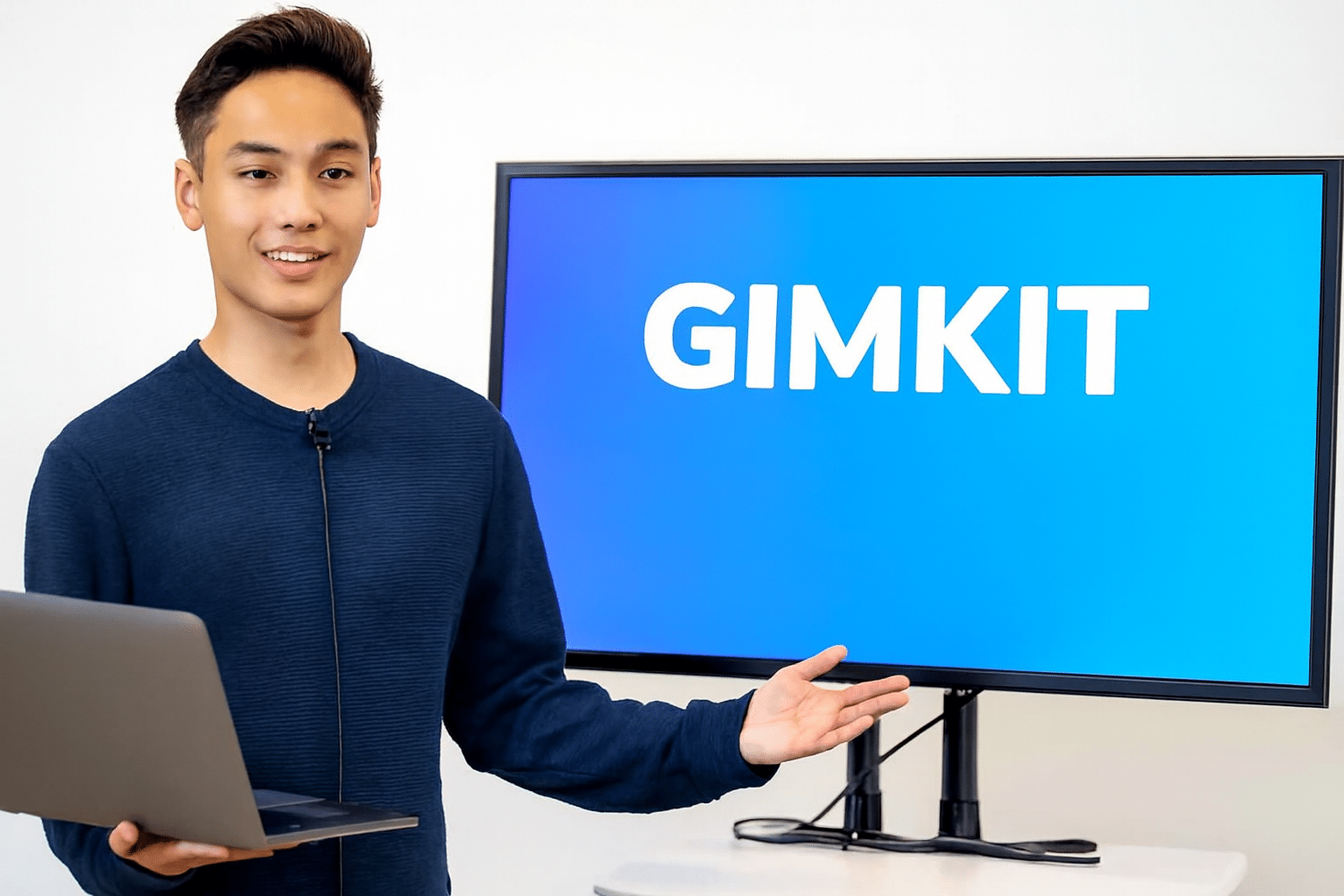 Teen male hosting a Gimkit live quiz session in a modern classroom with game code on screen