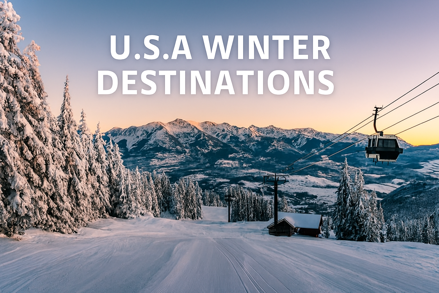 Snow-covered ski resort in the USA with gondola lift, evergreen trees, and mountain peaks at sunset.