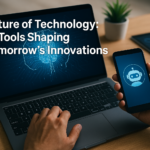 Person using laptop and smartphone displaying AI interfaces, symbolizing future technology and innovation tools