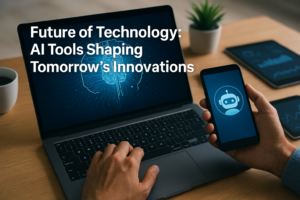 Person using laptop and smartphone displaying AI interfaces, symbolizing future technology and innovation tools