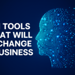 Silhouette of a human head filled with glowing blue circuit lines, symbolizing artificial intelligence and digital transformation