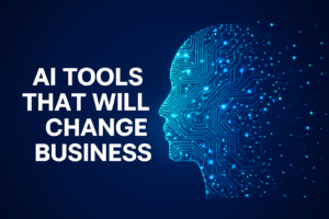 Silhouette of a human head filled with glowing blue circuit lines, symbolizing artificial intelligence and digital transformation