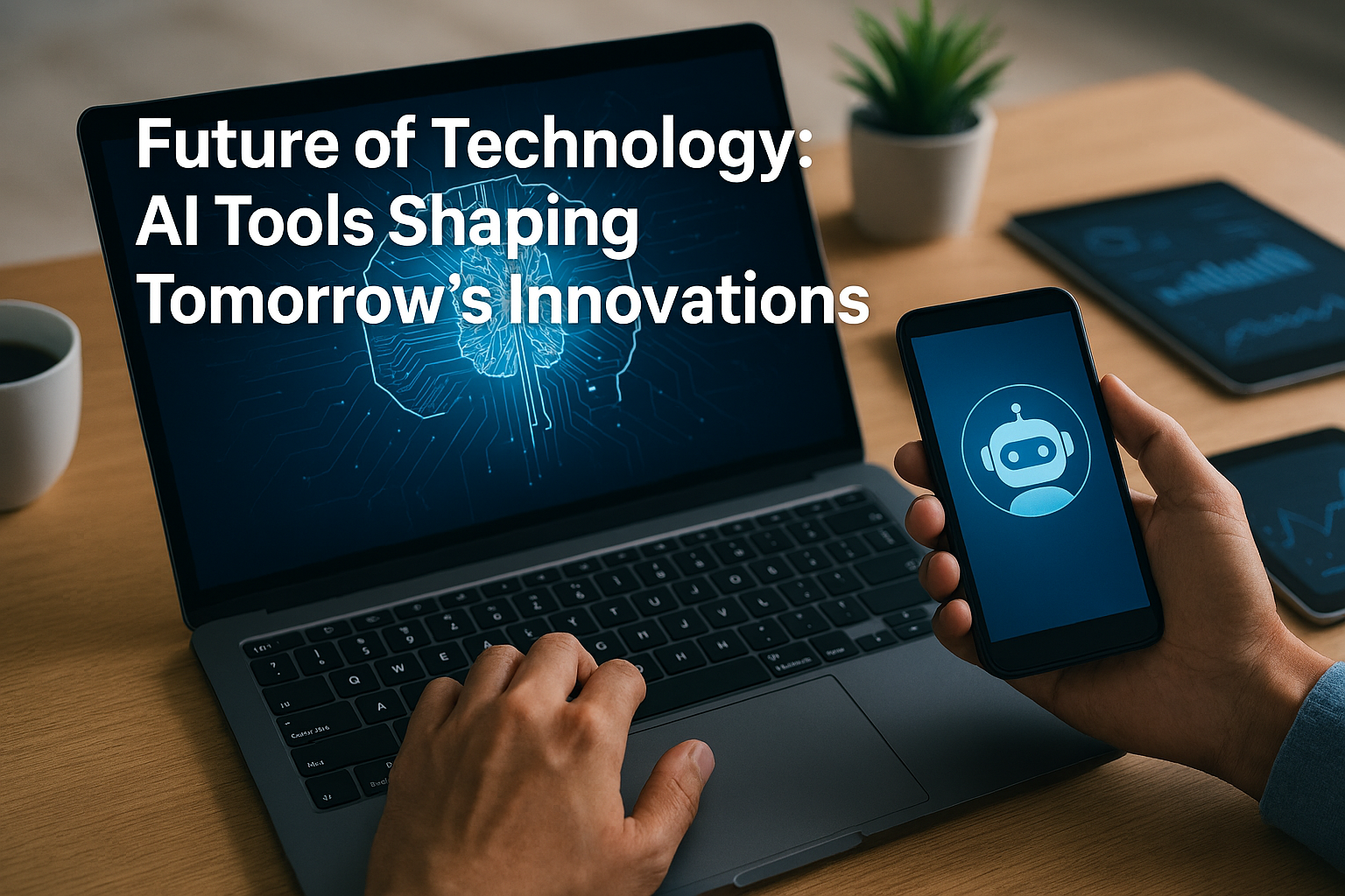 Person using laptop and smartphone displaying AI interfaces, symbolizing future technology and innovation tools