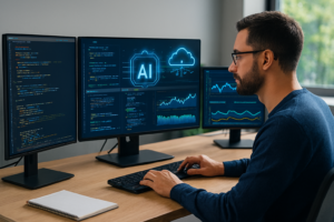 Developer using AI-powered console with real-time dashboards and cloud monitoring tools