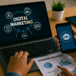 Professional workspace with laptop, smartphone, and printed analytics showing digital marketing tools and strategies