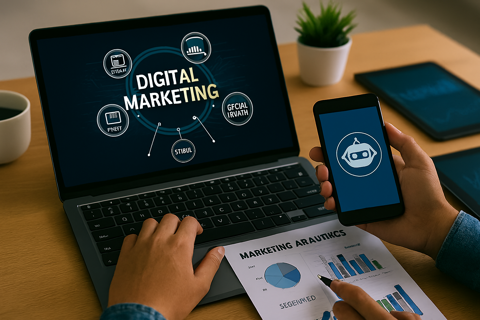 Professional workspace with laptop, smartphone, and printed analytics showing digital marketing tools and strategies