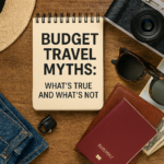 Flat lay of budget travel essentials including camera, passport, sunglasses, map, and notepad with myth-busting title