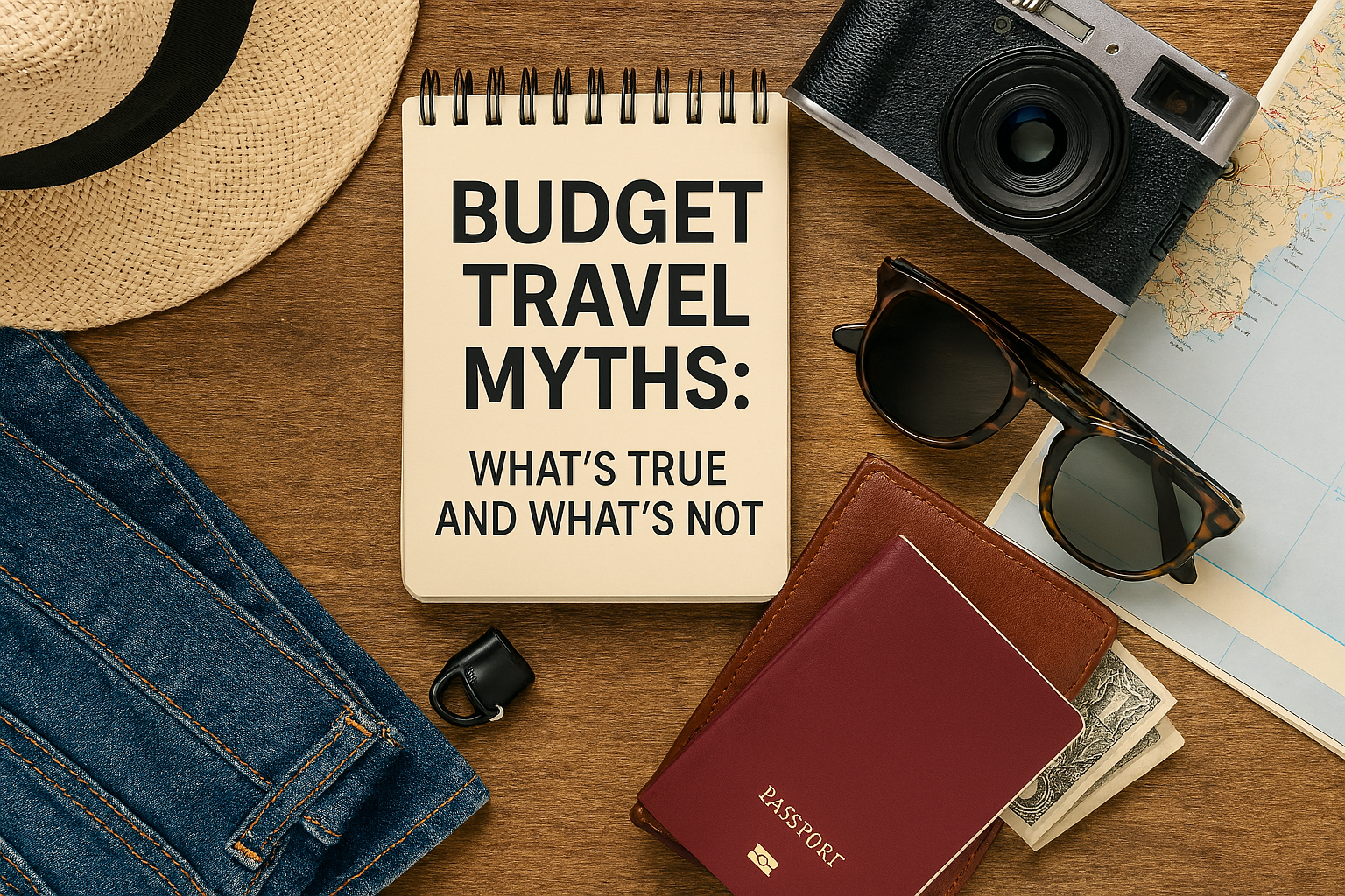 Flat lay of budget travel essentials including camera, passport, sunglasses, map, and notepad with myth-busting title