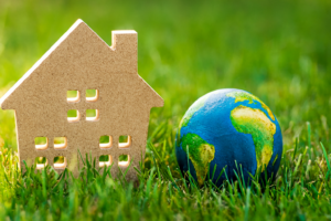 Cardboard house and Earth model on green grass symbolizing sustainable living and environmental harmony