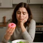 A woman sits at a kitchen counter, holding a pink frosted donut with sprinkles in one hand while resting her face on the other. She gazes at the donut with a conflicted expression. In front of her is a bowl of green leafy salad with a fork. The kitchen background includes cabinets, a stove, and a pepper grinder.