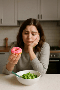 A woman sits at a kitchen counter, holding a pink frosted donut with sprinkles in one hand while resting her face on the other. She gazes at the donut with a conflicted expression. In front of her is a bowl of green leafy salad with a fork. The kitchen background includes cabinets, a stove, and a pepper grinder.
