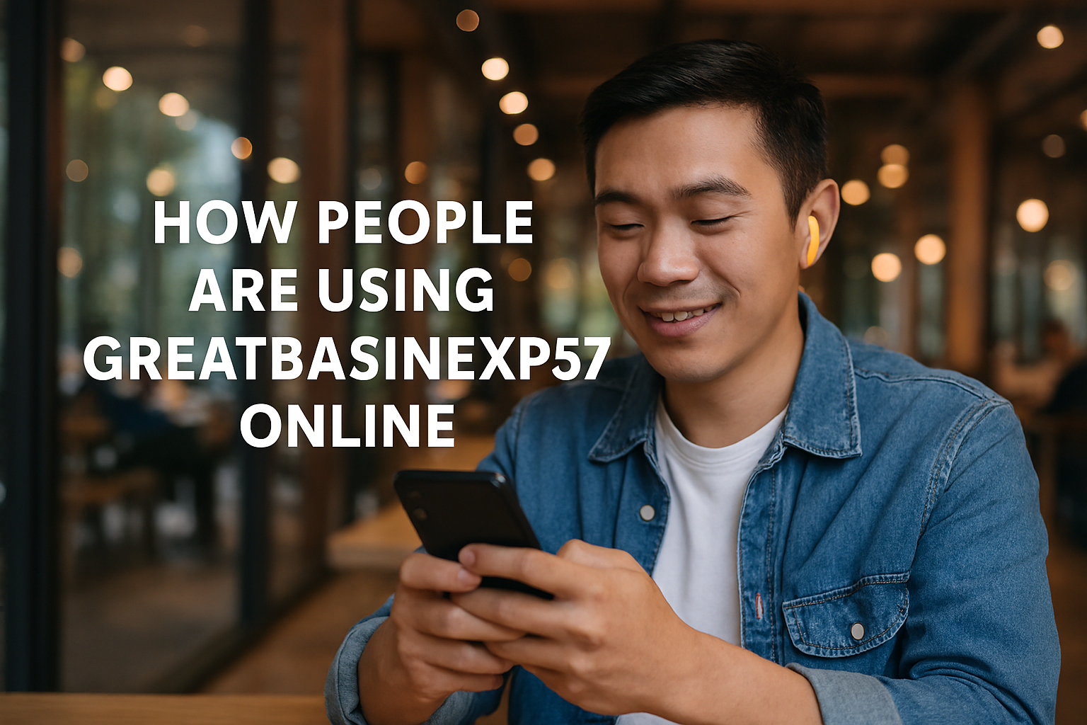 Young man using smartphone in a public space, exploring GreatBasinExp57 online.