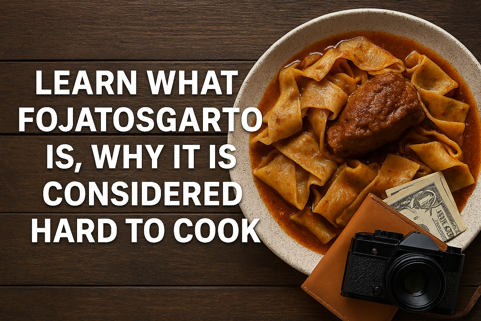 Traditional Hungarian dish Fojatosgarto served on a rustic ceramic plate with braised meat, wide noodles, and rich sauce.
