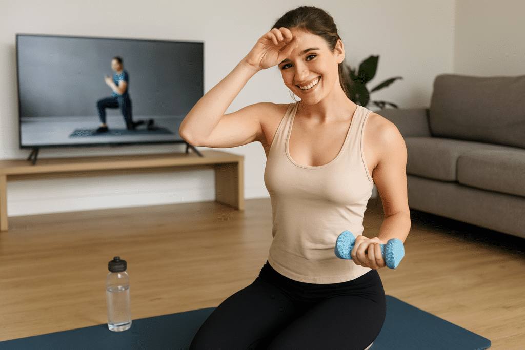 Smiling woman doing beginner workout at home with dumbbells and yoga ma