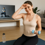 Smiling woman doing beginner workout at home with dumbbells and yoga ma