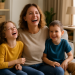 Mother laughing with her two children in a cozy, cluttered living room