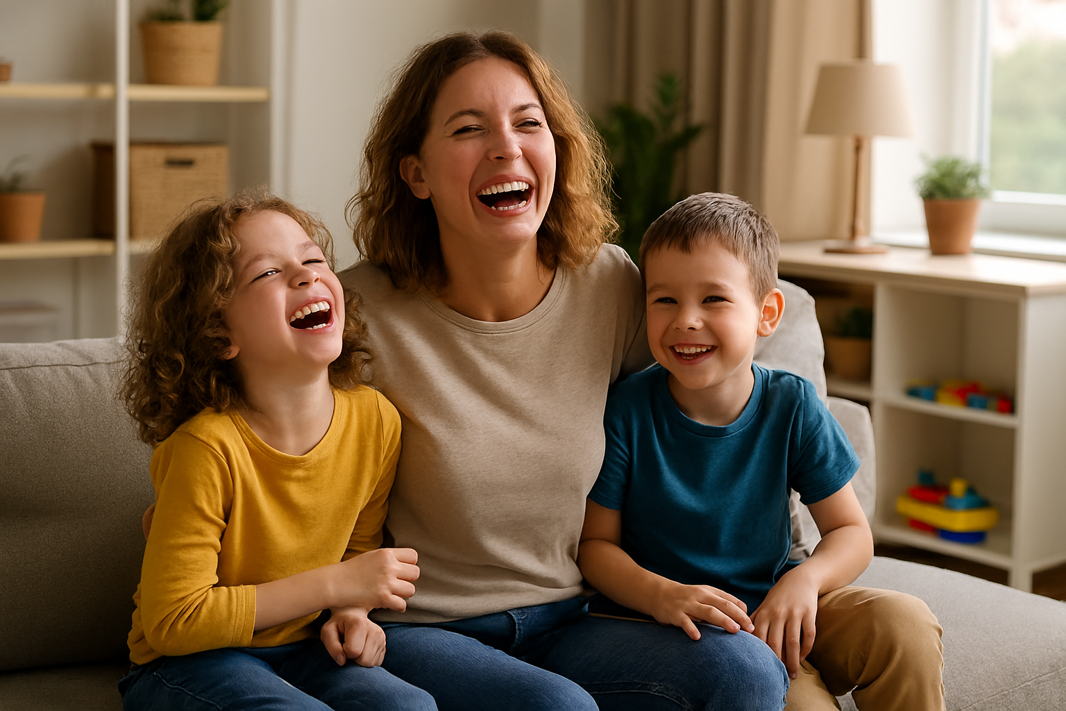 Mother laughing with her two children in a cozy, cluttered living room