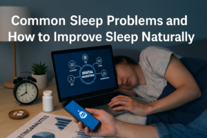 “Person sleeping peacefully in a cozy bedroom with natural sleep aids like herbal tea and diffuser