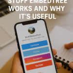 Smartphone displaying Stuff EmbedTree interface with embedded social media links, laptop and coffee mug in background — illustrating how the tool centralizes content.